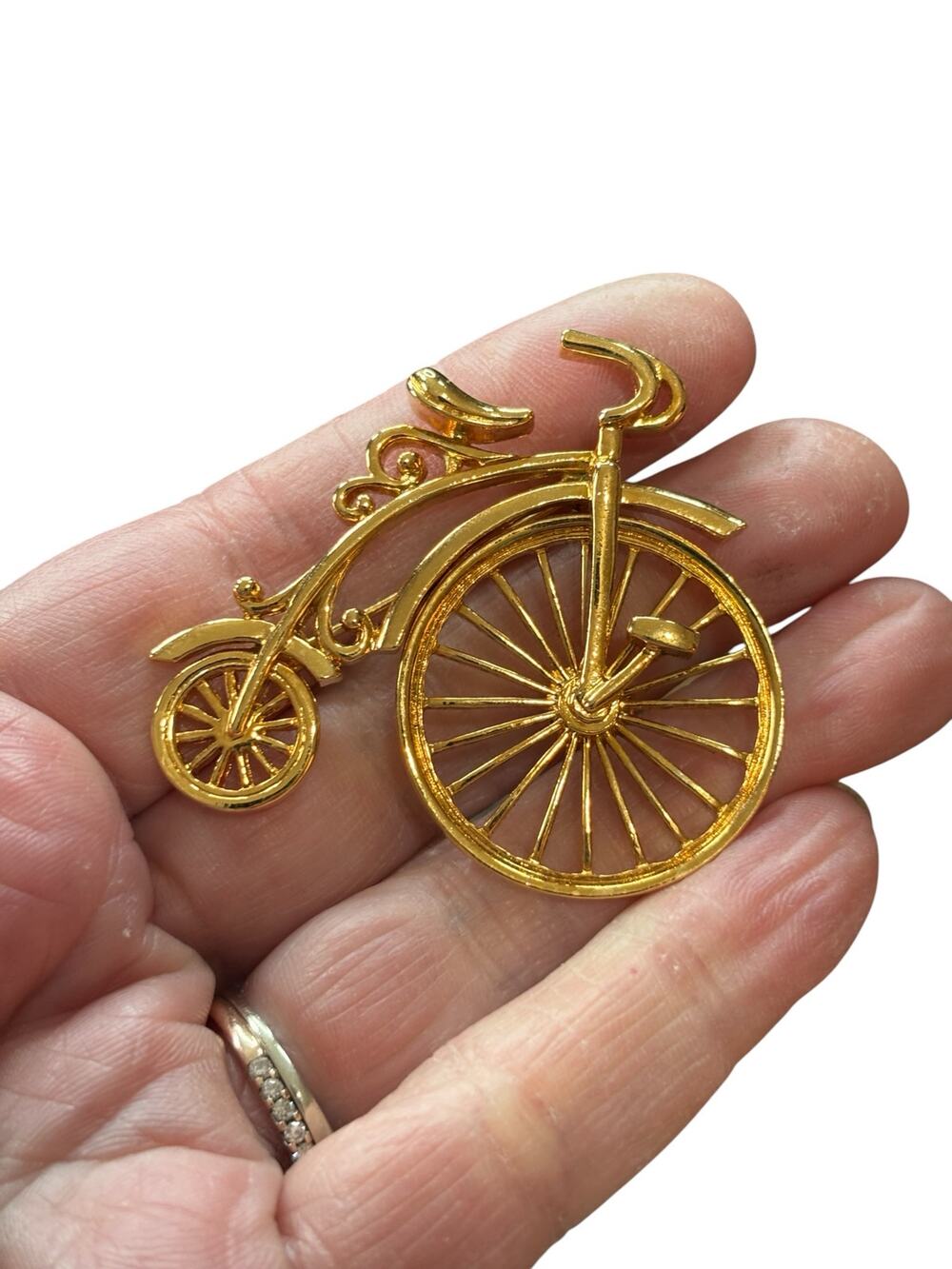 Vintage Gold Tone Bicycle Brooch Victorian Style Bike Pin Figural Cycling 1970s